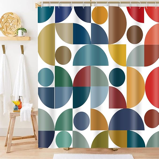 Colorful Mid Century Modern Shower Curtain Vintage Rainbow Boho Abstract Geometric Art Bathroom Curtain Decor 72x72 Inch Washable Fabric Retro Bright Cute Circle Patterned Bath Curtain with 12 Hooks