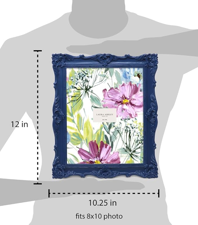 Laura Ashley 8x10 Navy Ornate Textured Hand-Crafted Resin Picture Frame with Easel & Hook for Tabletop & Wall Display, Decorative Floral Design Home Décor, Photo Gallery, Art, More (8x10, Navy)