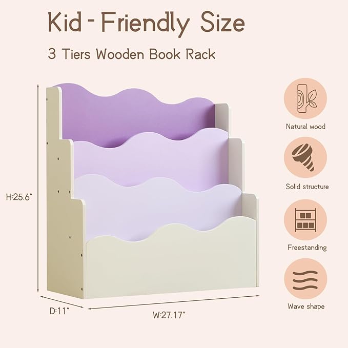 Kids Bookshelf Montessori Shelf for Toddlers, Front-Facing Book Organizer for Children, Pastel Nursery Floor Bookshelf, Wave Design Reading Corner Display Rack