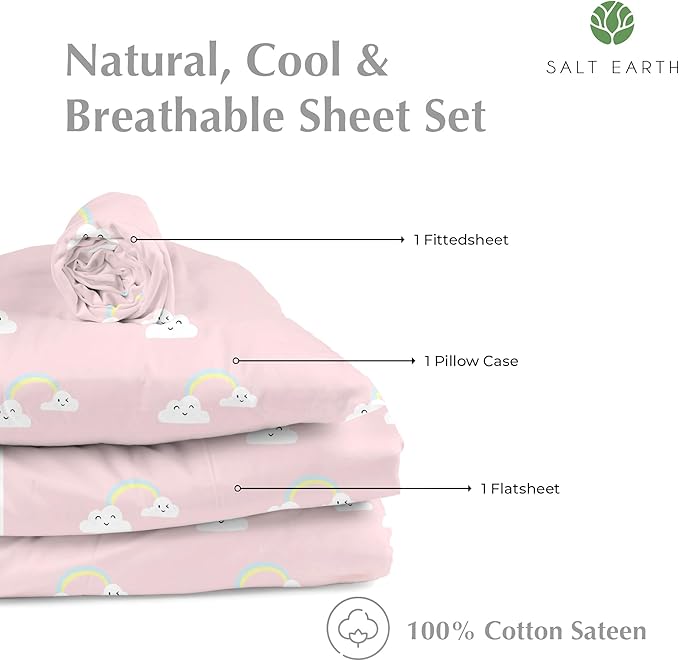 Salt Earth 100% Cotton 210TC Kids Bedsheet, Twin Sheets Set for Toddler Bed, 3 Piece Bedding Set Including Flat Sheet, Fitted Sheet, and Pillowcase, Themed Cute Sheets for Playful Kids Bed(Rainbow)