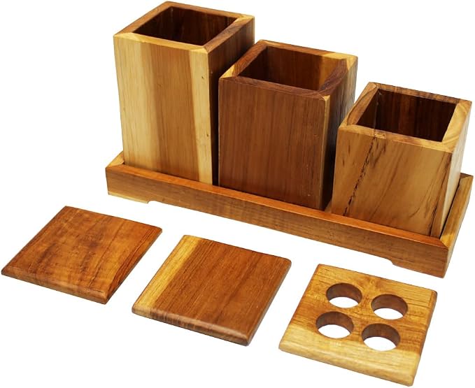EcoDecors, Eleganto, 7 Piece, Teak Wood Bathroom Amenities Set, Teak Bath Amenity Set, Bathroom Accessory, in Natural Color