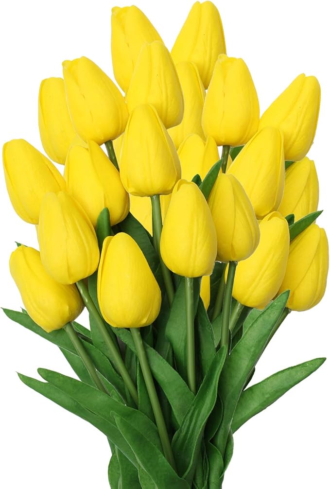 20 Pcs Yellow Tulips Artificial Flowers Real Touch Fake Tulips Fake Flowers for Mother's Day 13.5" Faux Tulips Faux Flowers Bulk Artificial Tulips Flowers for Vase Centerpieces Home Wedding Bouquet