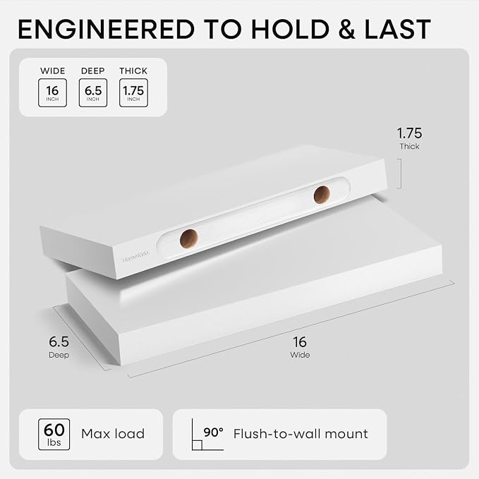 Homeforia White Floating Shelves 16 inch, High End Solid Real Wood 16inch Bathroom Floating Shelf for Wall Mounted, White Wooden 16 Floating Shelves, Heavy Duty Bracket, 16 X 6.5 X 1.75 inch, Set of 2