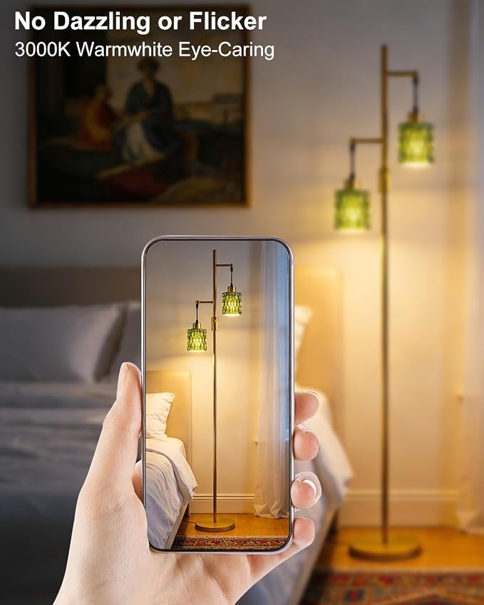 Lightdot 65IN Industrial Gold Floor Lamp for Living Room, 2- Light Green Glass Floor Lamps with Warm White Bulbs, Modern Farmhouse Tree Standing Tall Lamp with 5Lbs Heavy Base for Bedroom Home Office