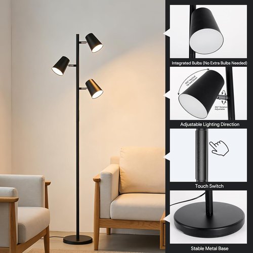 Energetic Dimmable Floor Lamp - Modern LED Tree Design with 5 Color Temperatures | Adjustable Heads for Bedroom & Living Room - Black