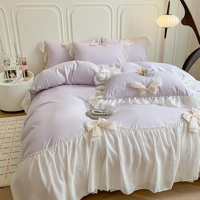 Chic Lace Bedding,Girls Twin Aesthetic Comforter Cover Set,Romantic French Princess Style Ruffled Duvet Cover with Lovely Bow with Zipper Closure-Purple,Twin