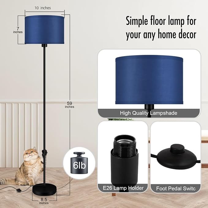 Blue Floor Lamps, Standing Lamp, Modern Floor Lamp with Blue Lamp Shades, Foot Switch, 59" Tall, Bright Pole Lamps for Living Room, Bedroom, Office, Nightstand, Kids' Gift, Blue Lamp (Without Bulb)