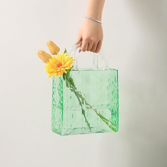 Purse Vase, Glass Bag Vase, Glass Purse Vase for Flowers, Green Vases, 12 Inch Large Flower Vases with Embossed Pattern for Wedding, Living Room, Bedroom, Table, Office(Tote)