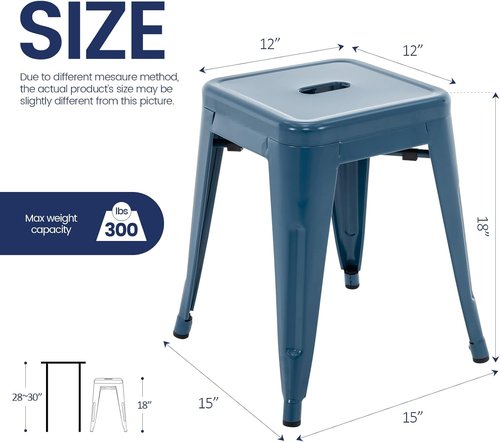 Brage Living 18-Inch Industrial Metal Stools - Set of 4 Stackable Backless Dining Chairs | Deep Blue