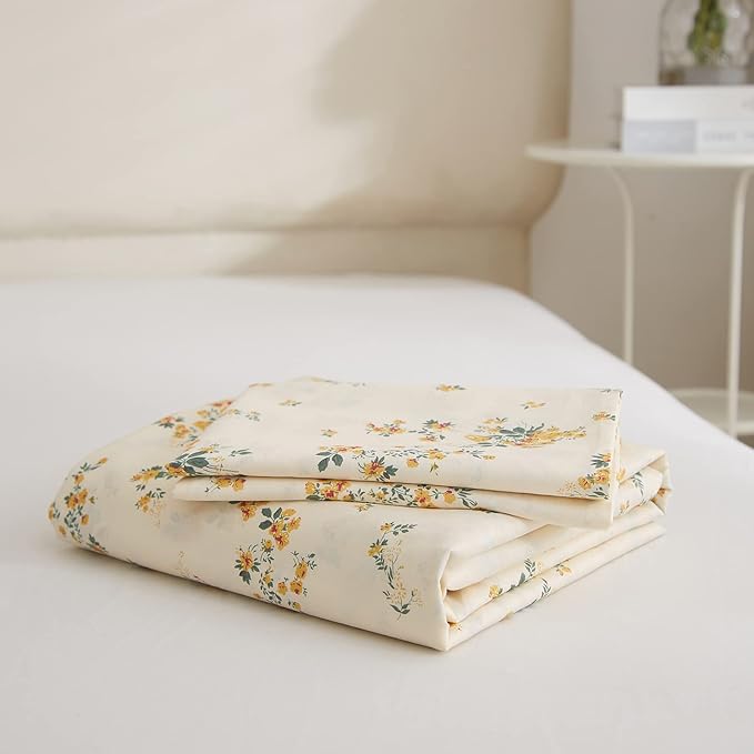 EAVD Garden Style Yellow Floral Duvet Cover King Soft Cotton Bedding Set Chic Botanical Floral Bedding Set with 2 Pillowcases Reversible Aesthetic Comforter Cover for All-Season
