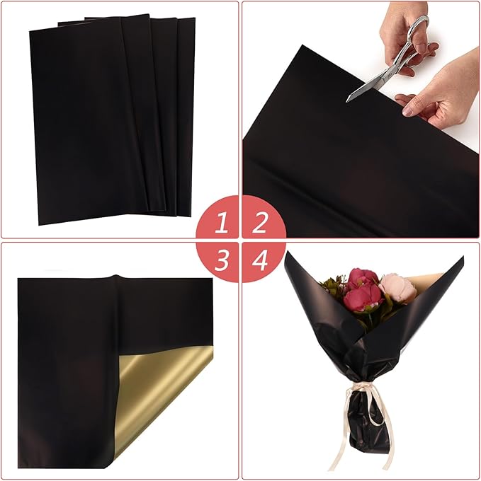 GANAZONO 20Pcs Double-sided Packing Paper Black and Gold Floral Wrap for Flower Bouquet Wedding Birthday DIY Craft Decorative Wrapping