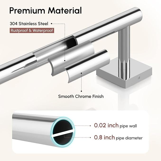 USHOWER Polished Chrome Towel Bar, 18 Inch Towel Racks for Bathroom Wall Mounted, 304 Stainless Steel Towel Holder with Square Base, Modern Home Decor (Total Length 20 Inch)