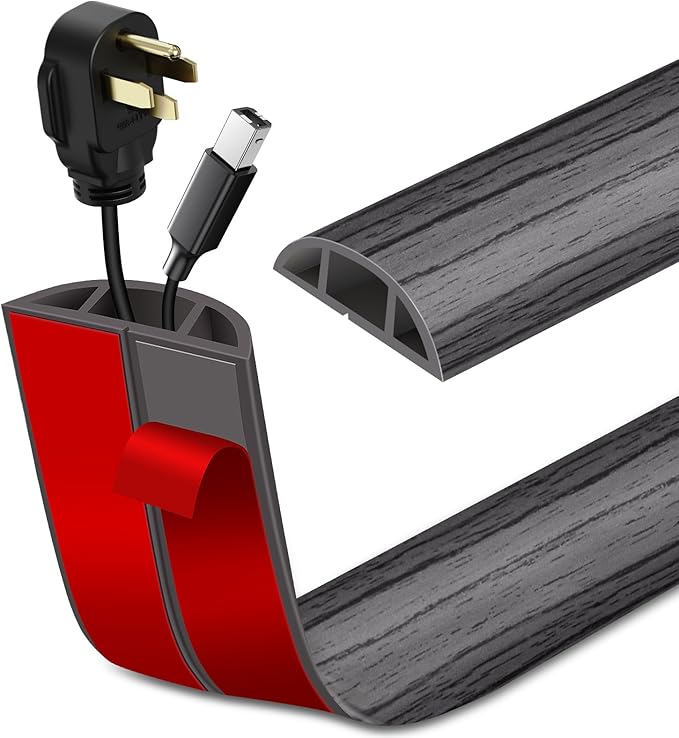 Floor Cord Cover Self Adhesive Cord Hider Floor Extension Cord Covers for Floor Power Cord Protector Cable Management Prevent Cable Trips Cable Cavity 0.47" W x 0.27" H (Deep Grey Wood, 10Ft)