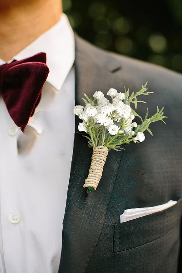 Baby Breath Boutonnieres for Men Wedding,Set of 2, Natural White Groom and Groomsmen Boutonniere with Pin for Rustic Fall Vintage Wedding, Prom and Homecoming