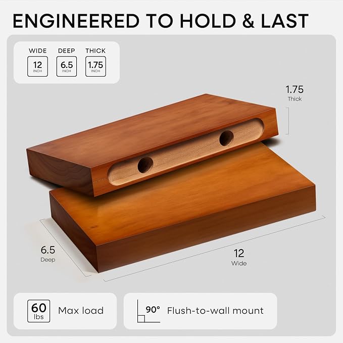 Homeforia 12 inch Oak Floating Shelf, High End Solid Real Wood 12inch Small Floating Shelves for Wall Mounted, Honey Oak Wooden 12in Floating Shelves, Heavy Duty Bracket, 12 X 6.5 X 1.75 in, Set of 2