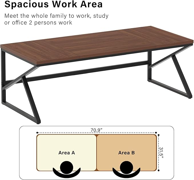 HSH 70 Inch Long Walnut Desk, 2 Person Large Work Desk for Home Office, Rustic Wood and Metal Executive Writing Study Gaming Computer Table, Modern Bedroom Living Room PC Laptop Dual Monitor Table
