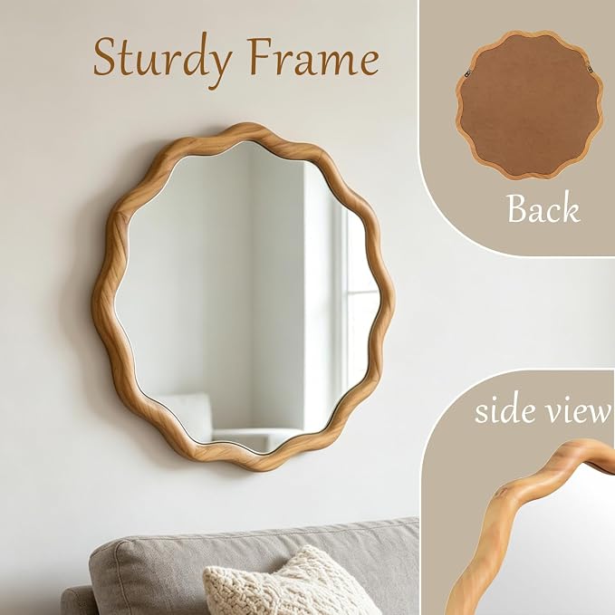 24" Wavy Edge Round Mirror, Solid Wood Framed Wall Decor with Clear Reflection for Bathroom, Bedroom, Living Room & Entryway (Oak)