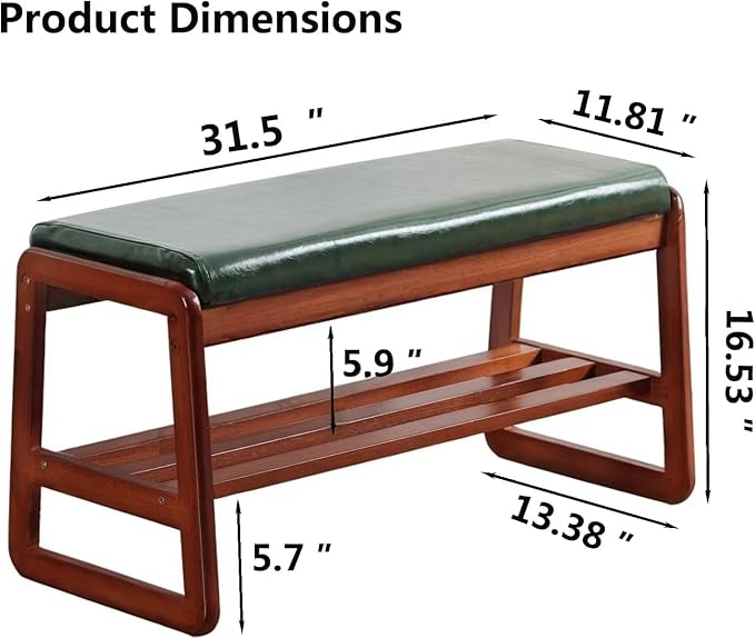 SOBIBO Solid Wood Shoe Bench, 2-Tier Wooden Entryway Bench, Modern Shoe Rack with Faux Leather Cushion for Hallway, Living Room (Green, 31.5'')