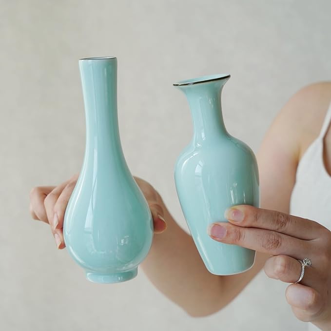 Vase Set of 2 – Handmade Ceramic Flower Vases (8in & 6in), Sage Jade Green Pottery Home Decor for Japandi or Modern Farmhouse Style