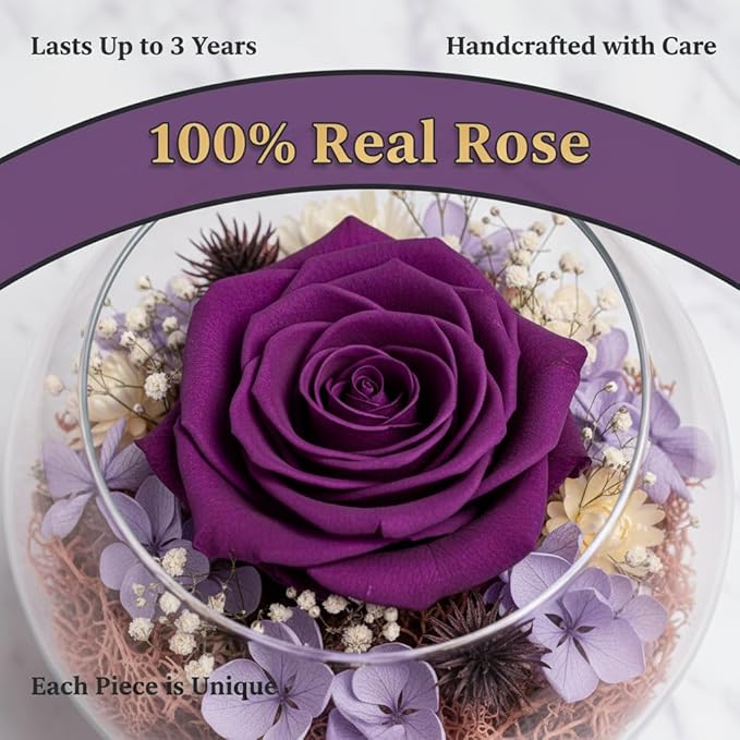 Eternal Preserved Real Rose, Glass Dome Gift Set with 18 Scented Candles (9 Rose,9 Vanilla), Mother's Day Valentine Christmas Birthday Gift for Women Mom Girlfriend Wife Home Decor (Dark Purple)