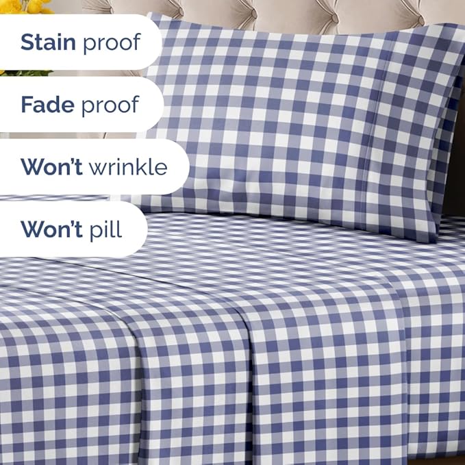 Blue Checkered Sheet Set - 1 Flat & 1 Fitted Sheet & 1 Pillowcase w/ Deep Pockets - Grid, Plaid, Gingham Pattern Bed Set - Cozy, Comfy, Wrinkle & Fade Resistant - Soft, Breathable & Cooling -Twin Size
