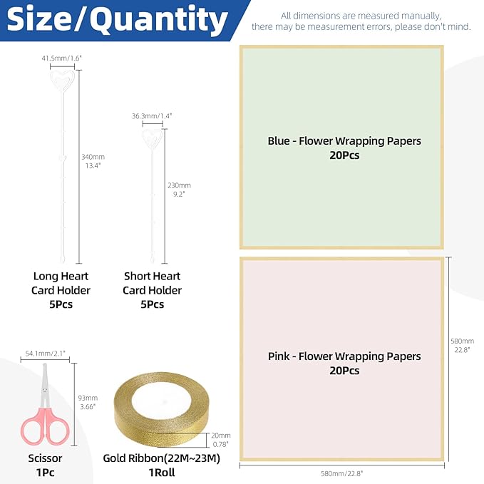 Glarks 52pcs Flower Wrapping Paper Set, Including 40 Sheets Pink and Blue Waterproof Bouquet Wrapping Paper, 10pcs Floral Pick Card Holders, 1 Roll Ribbon and 1pcs Pink Scissors for Flower Shop