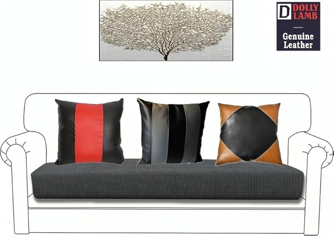 D DOLLY LAMB Lambskin Leather Pillow Cover - Sofa Cushion Case - Decorative Throw Covers for Living Room & Bedroom, 22x22 Inches - Camel Black Pack of 1