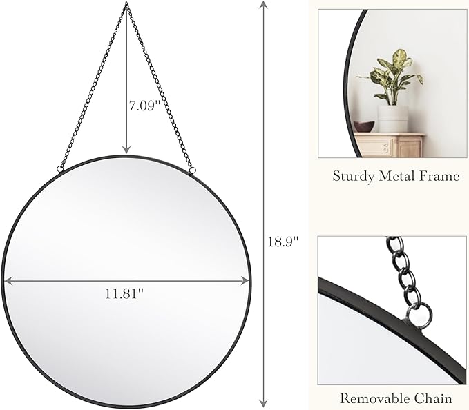 Dahey 11.8-inch Small Hanging Circle Mirror Wall Decor Gold Round Mirror with Hanging Chain for Living Room Bathroom Bedroom Dorm College Office, Black