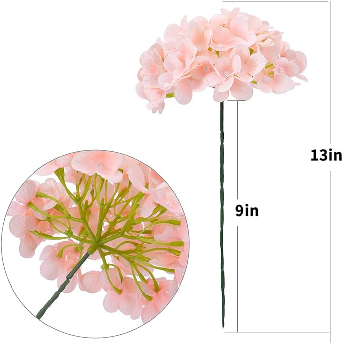 Silk Hydrangea Heads with Stems Artificial Flowers Heads for Home Wedding Decor,Pack of 10 (Peach Pink)
