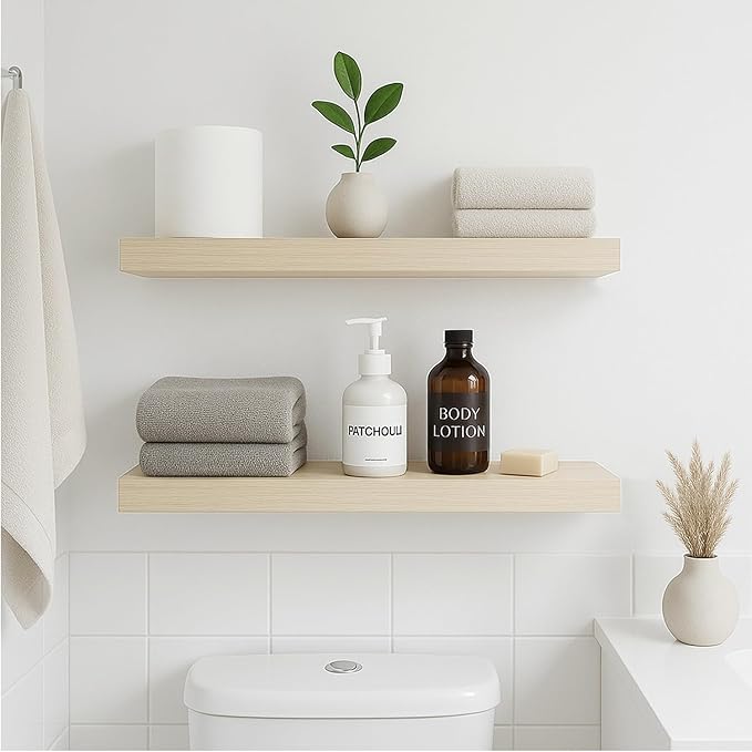 White Oak Floating Shelves for Wall, 24 in Wall Mounted Shelves Perfect for Bedroom, Bathroom, Living Room and Kitchen Decoration Storage（Set of 2）