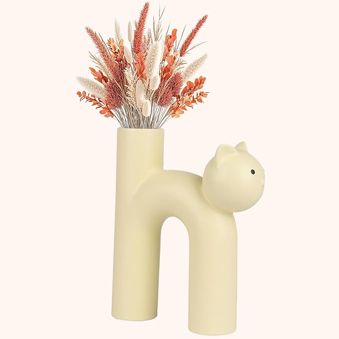 Cat Lover Gift – Minimalist Animal Vase for Dried Flowers, Pampas Grass – Calm Shelf Decor for Women, Cat Moms, Girlfriend, or Neutral Rooms