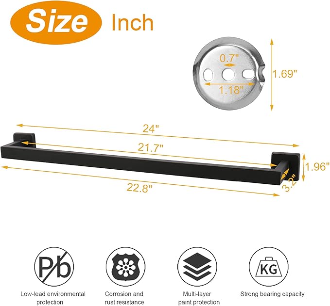 TocTen Bath Towel Rack - Square Base Thicken SUS304 Stainless Steel Towel Bar for Bathroom, Bathroom Accessories Towel Rod Heavy Duty Wall Mounted Towel Holder. (Black, 24)