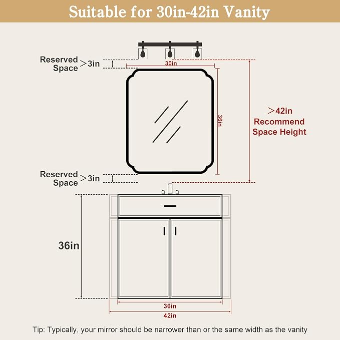 WallBeyond 30" x 36" Wood Bathroom Mirror for Wall Mounted, Rustic Rounded Corner Wood Frame Wall Mirror for Entryway, Living Room or Bedroom Home Decorative, Natural