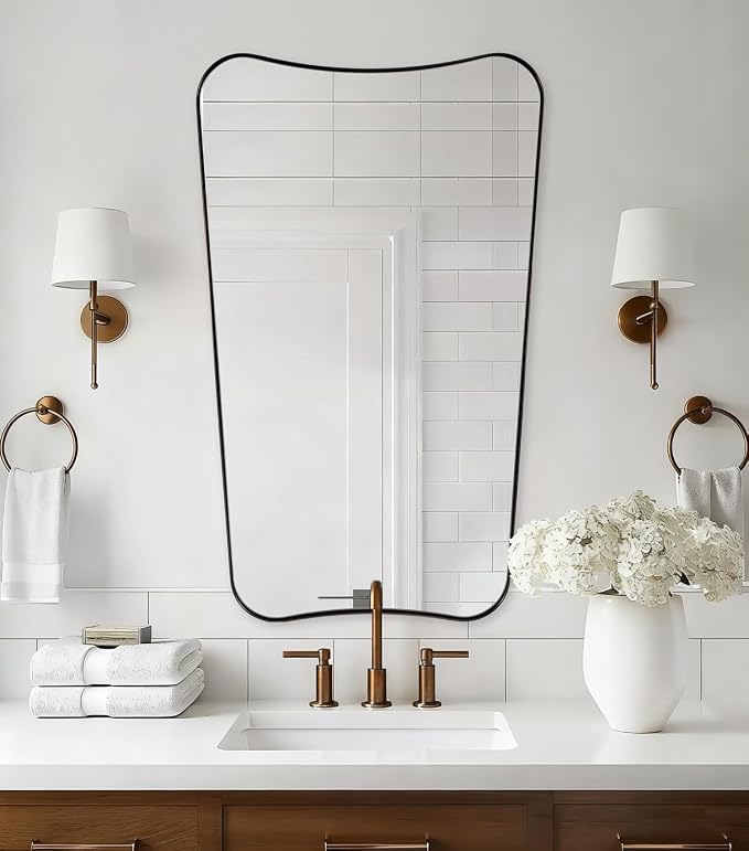 ANDY STAR 30"x48" Large Bathroom Mirror, Brushed Bronze Mirror for Over Sink, Irregular Shaped Mirror in Premium SUS304 Thin Frame, Italian Curved Frame, Ideal for Bathroom, Powder Room, Entryway
