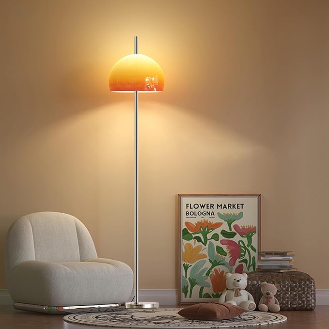 MIXL-Orange Mushroom Floor Lamp,Chrome Floor Lamp with Foot Switch,Dimmable Standing Lamp with Dome Shade,Mid-Century Modern Reading Lamp for Living Room Bedroom and Office