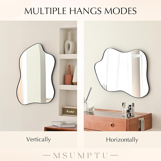 Irregular Wall Mirror Black Wave Shaped Metal Framed Wall Mirror for Bathroom Bedroom Entryway Living Room Wall Decor 30.5" L x 23" W 2303B