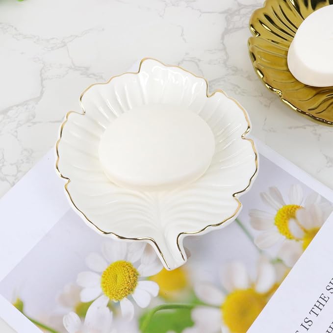 White Leaf Bathroom Soap Dish,Ceramic Soap Dish Holder in Palm Leaf Style,Self Draining Design and Used to Hold Various Small Bathroom and Kitchen Accessories