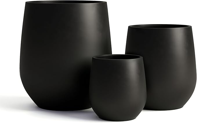 DTY Signature Mount Wilson Modern Indoor Outdoor Fiberstone Tapered Planter, Lightweight, Weather Resistant Garden Pot with Drainage Hole & Rubber Plug, Planter for Christmas Decor - Black, Large