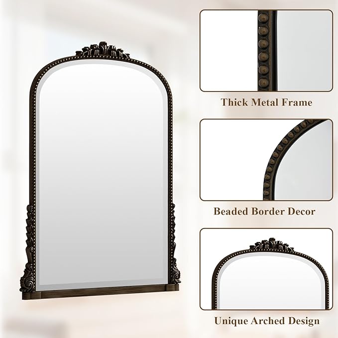 28"×40" Bronze Wide Arched Wall Mirror, Vintage Carving Bathroom Vanity Makeup Mirror, as Wall Decor Hanging Leaning for Fireplace Mantle, Living Room, Bedroom, Vanity Area