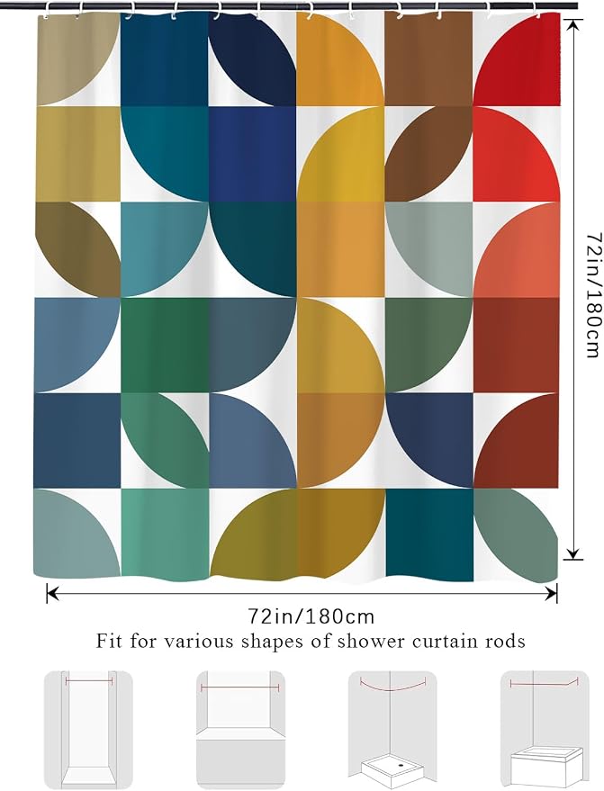 Colorful Mid Century Modern Shower Curtain, Boho Abstract Geometric Retro Art Shower Curtains for Bathroom, Rainbow Unique Cute Pattern Polyester Fabric Bathroom Set 12 Hooks 72X78IN