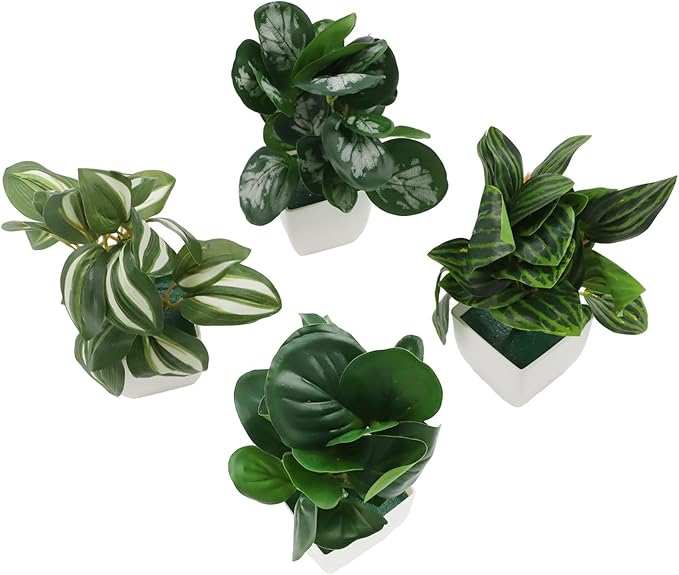 FABULETTA Artificial Potted Plants Set of 4 Small Faux Greenery for Indoor Home Decor, Realistic Plastic Mini Plants for Living Room, Bedroom, Kitchen, Office Shelves