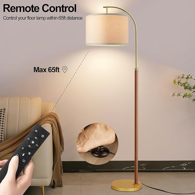 Wood Floor Lamps for Living Room Arc Floor Lamp with Remote Control,Dimmable Farmhouse Floor Lamp Mid Century Modern Standing Lamp with 3 Color Temperature Tall Vintage Floor Lamp For Bedroom Corner
