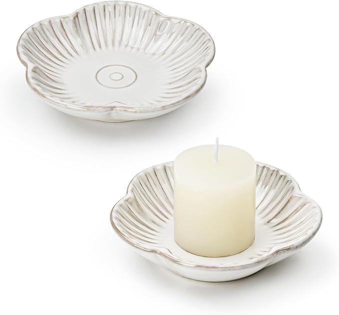 Koythin Ceramic Candlestick Holder for Pillar Candles, Floral Shape Candle Stand & Dish Bowl for Candlesticks, Incense, Decorative Ceramic Plate Tray for Table Centerpiece and Home Decor (White)