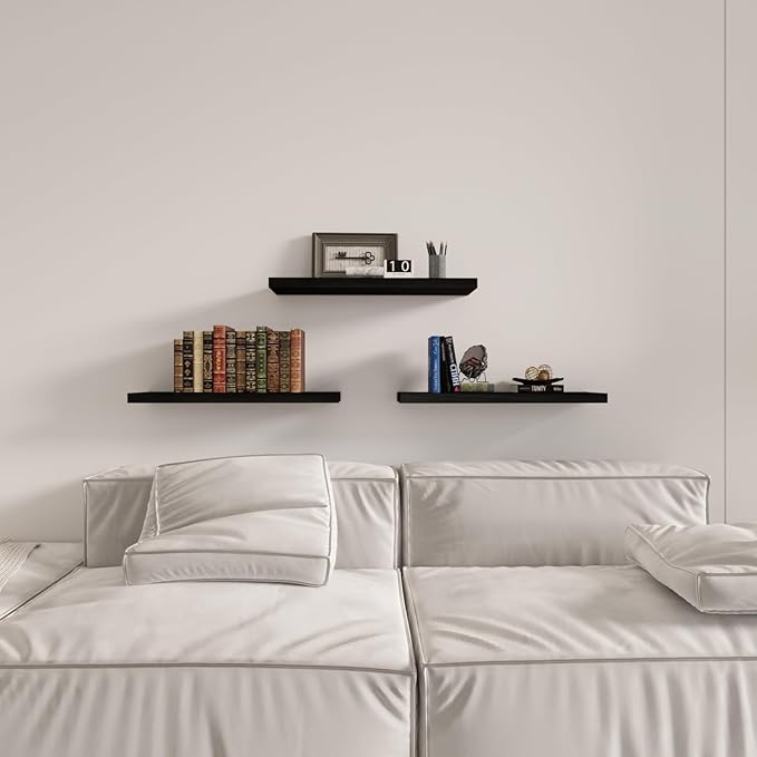 SAUMONIERES Floating Wall Shelves for Bedroom Bathroom Wall Mounted Solid Wood Shelf 24 Inch Set of 3, Black