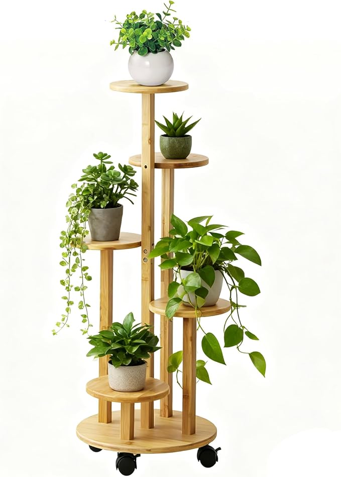 5 Tier Plant Stand Indoor, Wood Plant Shelf Corner Display Rack with Wheels, Multiple Plants Ladder Holder for Living Room Balcony Bedroom Garden Patio (Wood Color, 5 Tier)