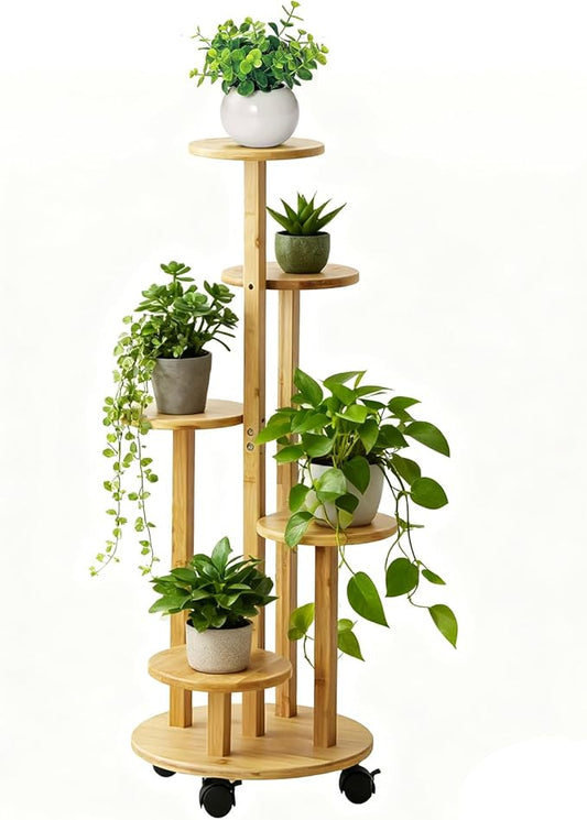 5 Tier Plant Stand Indoor, Wood Plant Shelf Corner Display Rack with Wheels, Multiple Plants Ladder Holder for Living Room Balcony Bedroom Garden Patio (Wood Color, 5 Tier)