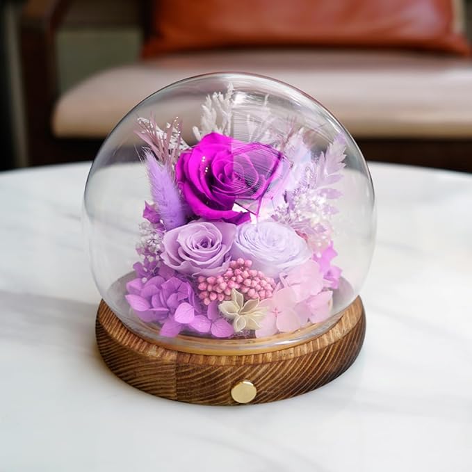 Preserved Real Rose Flowers in Glass Dome with LED Lights,Real Rose Flowers Unique Floral Gift for Girlfriend Mom Wife Girlfriend on Christmas Birthday Anniversary (Aurora Purple)