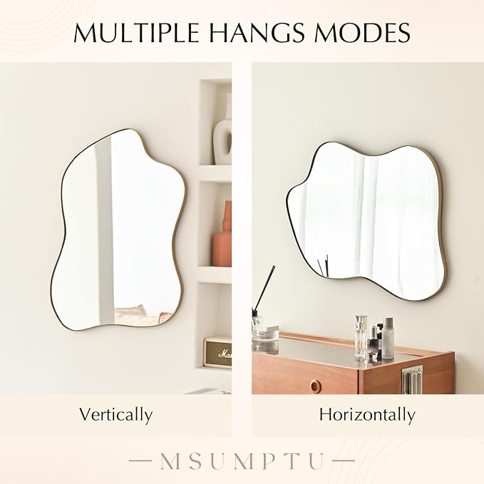 Irregular Wall Mirror Brass Wave Shaped Metal Framed Wall Mirror for Bathroom Bedroom Entryway Living Room Wall Decor 28" L x 20" W 2304G