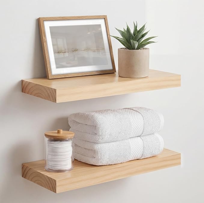 Homeforia 16 inch Natural Floating Shelf, High End Solid Real Wood 16inch Small Floating Shelves for Wall Mounted, Natural Wooden Floating Shelves, Heavy Duty Bracket, 16 X 6.5 X 1.75 in, Set of 2