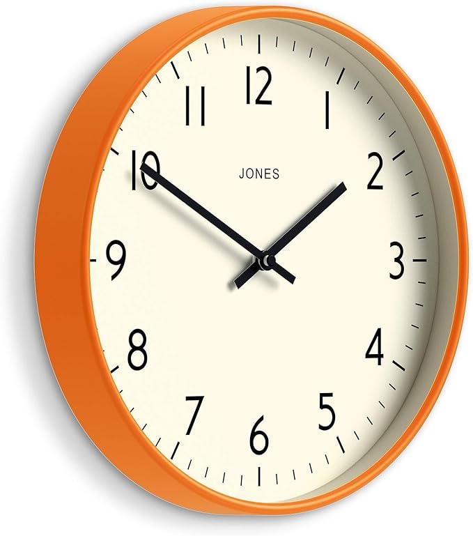 JONES CLOCKS® Studio wall Clock | Modern Round Style | 12 inch | Orange | Easy to Read Numbers | Versatile Design for Kitchen, Living Room or Office